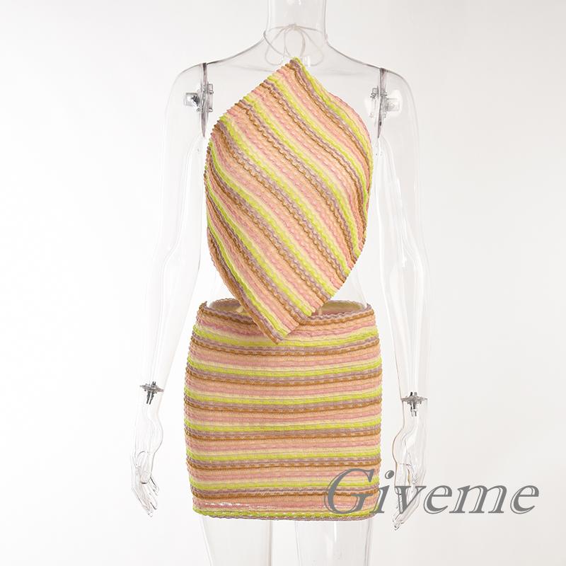 GIVEME-2 Pieces Women Suit Set, Contrast Color Halter Neck Sleeveless Tie-Up Tops+ Short Skirt for Summer, S/M/L