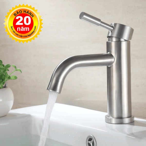 Vòi Lavabo nóng lạnh (trụ tròn, vòi cong) SUS304 - Hàng Cao cấp ITALIA (Kèm đôi dây cấp nước)