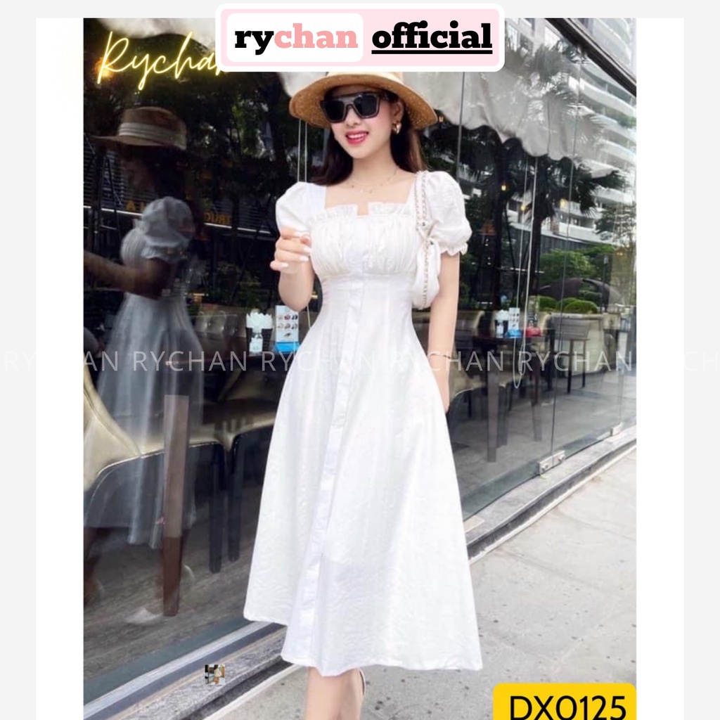 Đầm Xoè Trắng Cổ Vuông Xếp Ngực Tay Bo Phồng - DX0125