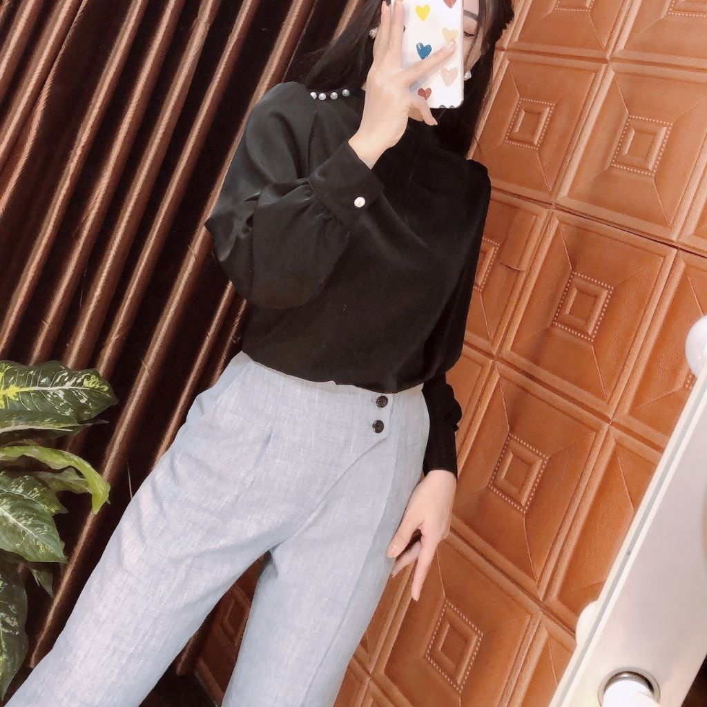 Áo kiểu công sở tay dài cao cấp, chất lụa mịn dày dặn, co giãn, mịn mát, không nhăn | BigBuy360 - bigbuy360.vn