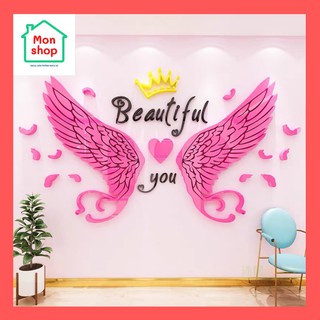 Tranh dán tường mica 3D hình đôi cánh thiên thần hồng, decal trang trí phòng ngủ, quán cafe, địa điểm check in
