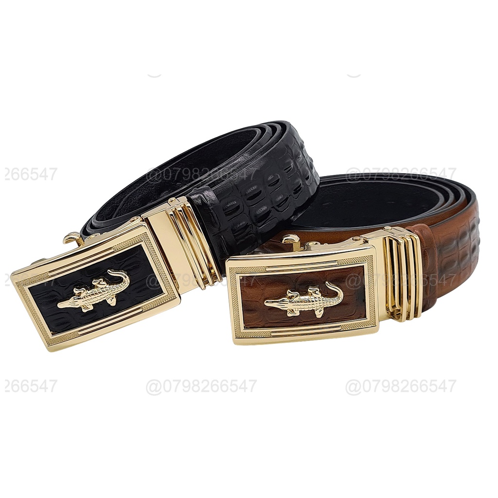 Dây thắt lưng nam da bò dập vân cá sấu DHM-345 | Khoá tỳ in mặt nổi cá sấu vàng | Bảo hành 12 tháng