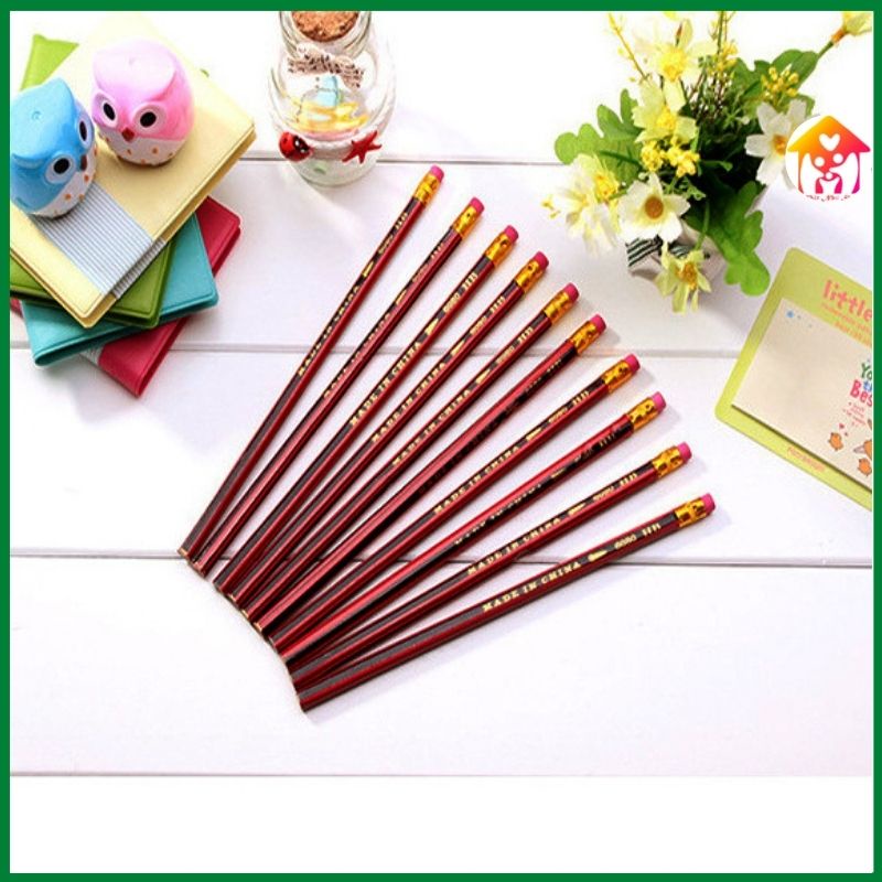 Bút chì thân gỗ lục giác màu đỏ đen kèm tẩy