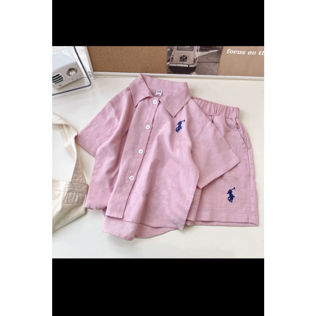 Bộ Quần Đùi Áo Sơ Mi Trẻ Em Cho Bé Trai Và Bé Gái Chất Liệu Vải Đũi Mềm Mịn Thoáng Mát Ken Store