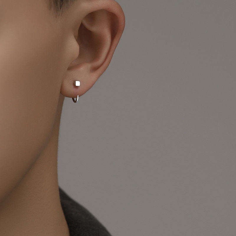 Khuyên tai nam bạc tròn mặt hình vuông móc cong unisex basic (1 chiếc) | GEMY SILVER KN61