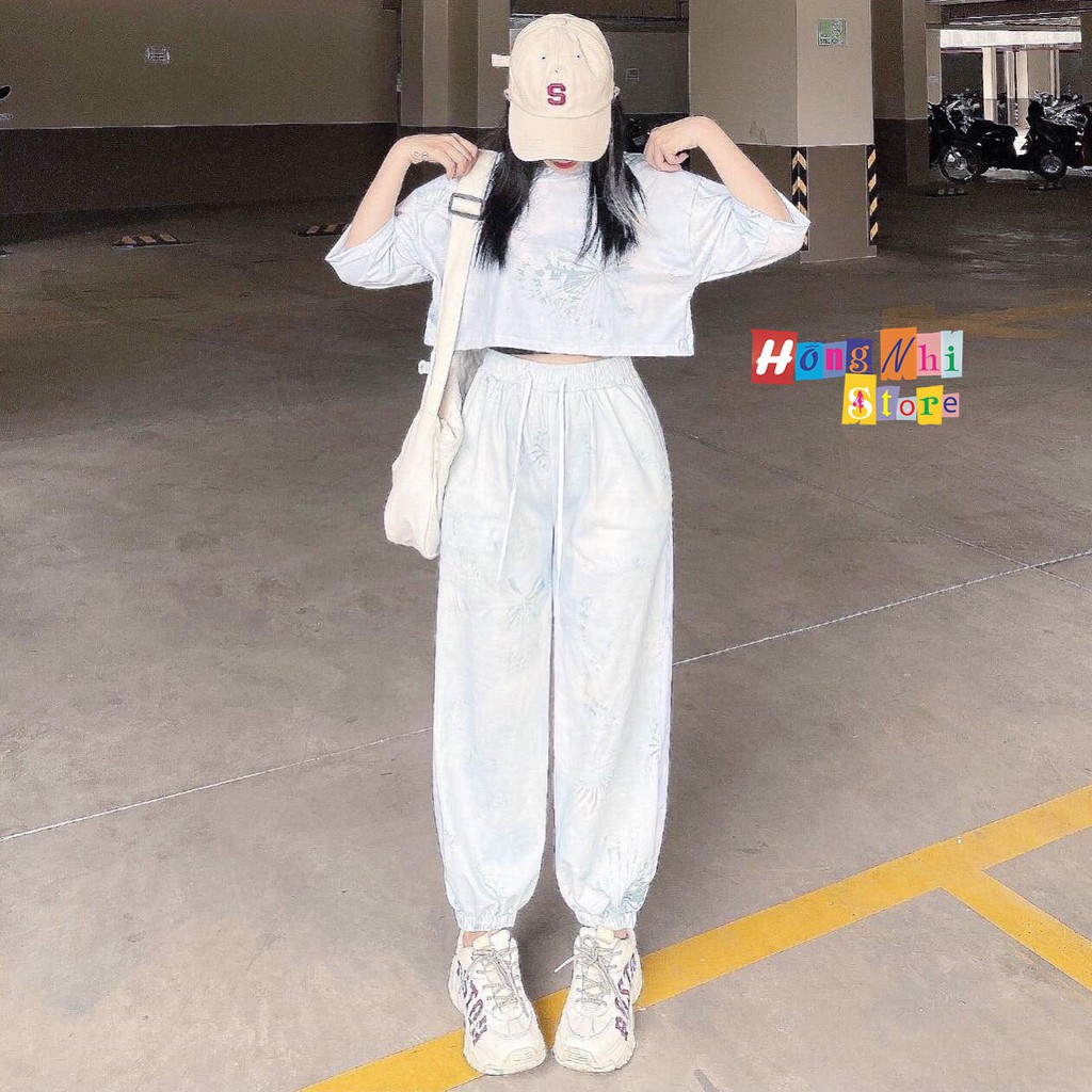 Set Bộ Áo Croptop Loang Màu Tay Lỡ Phối Quần Jogger 3D Ulzzang Dáng Rộng - MM