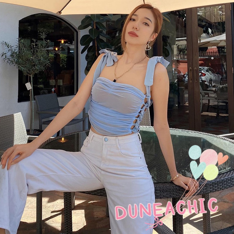 DUNEA Áo Hai Dây Croptop Phối Lưới Xếp Ly Xinh Xắn Cho Nữ