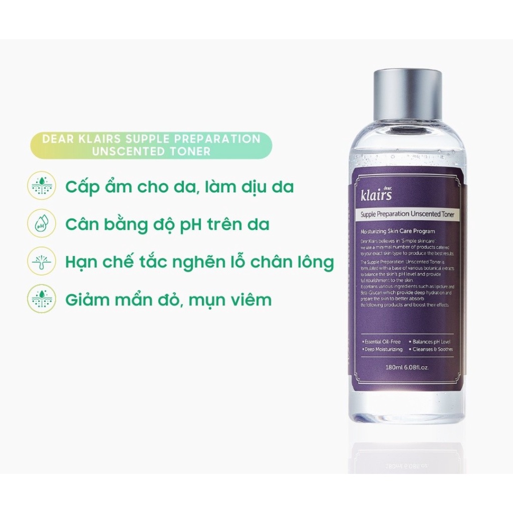Nước hoa hồng Dear Klairs Supple Preparation Unscented Toner 180ml Quà Tặng Mẹ