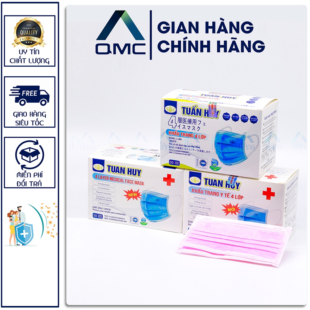 Khẩu trang y tế, khẩu trang Umino 4 lớp, màu hồng , hàng kháng khuẩn , hộp 50 cái #QMC