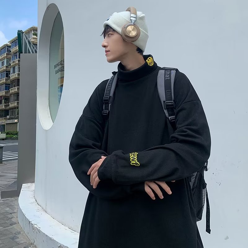 Áo Thun Nam Tay Dài Cổ Cao In Hình Mặt Cười Thời Trang Hàn Quốc