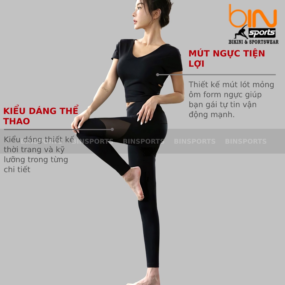 Bộ tập thể thao gym yoga nữ áo bra quần dài phối lưới kèm mút cao cấp Bin Sport BD107