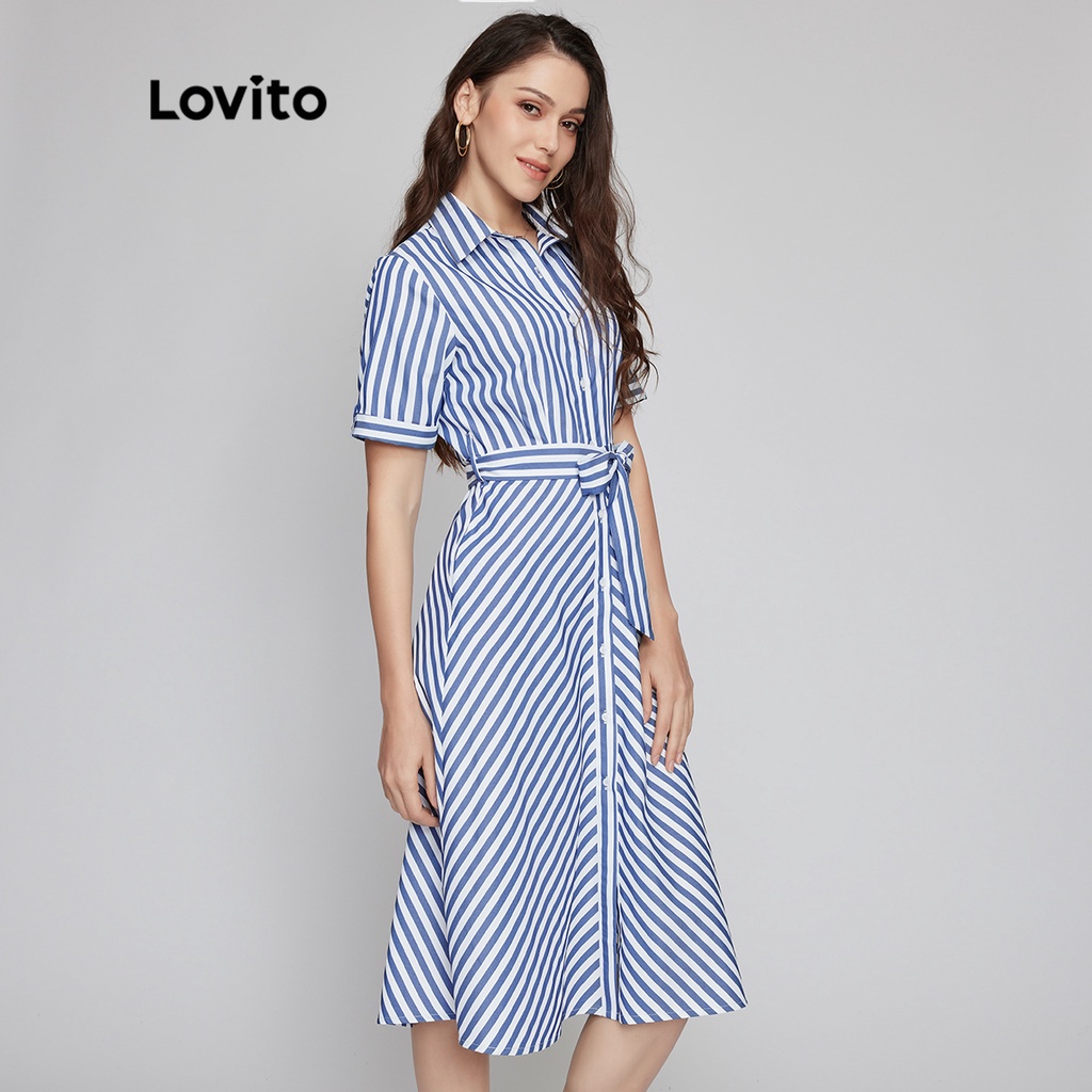 Đầm Lovito phong cách thanh lịch sọc dạng áo phối thắt lưng L26LD055 (nhiều màu)