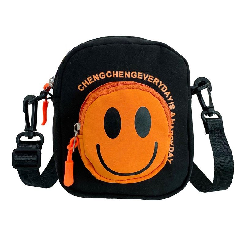 Túi Đeo Chéo Vai Hình Tròn Nhỏ Vải Canvas Họa Tiết Mặt Cười Hoạt Hình Dễ Thương Cho Trẻ Em