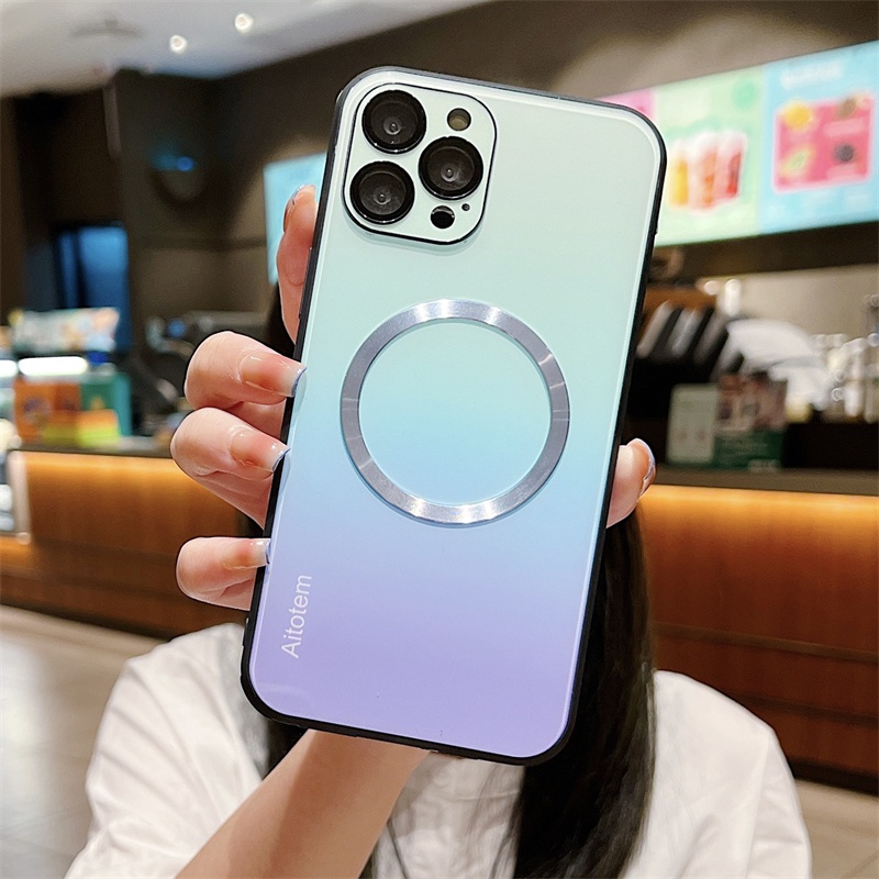 Ốp Điện Thoại Kính Cường Lực Cứng Màu Gradient Từ Tính Cho iPhone 11 12 13 Pro Max