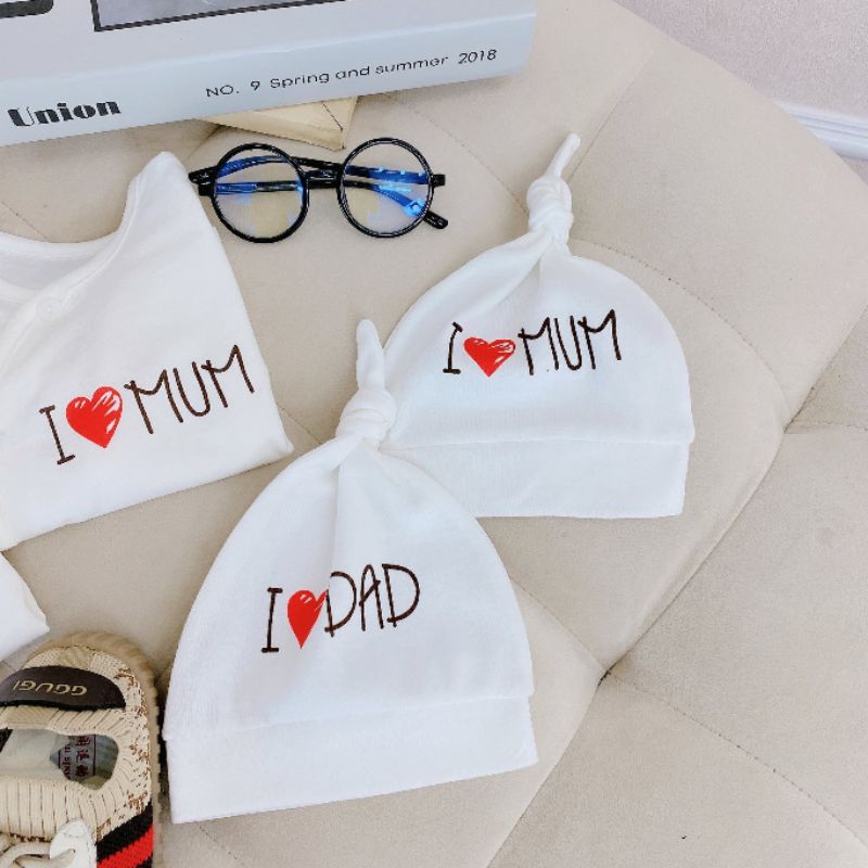 Bộ Quần Áo Dài Sơ Sinh Trắng DAD MUM Kèm Mũ, Thun Lạnh Mềm Mát