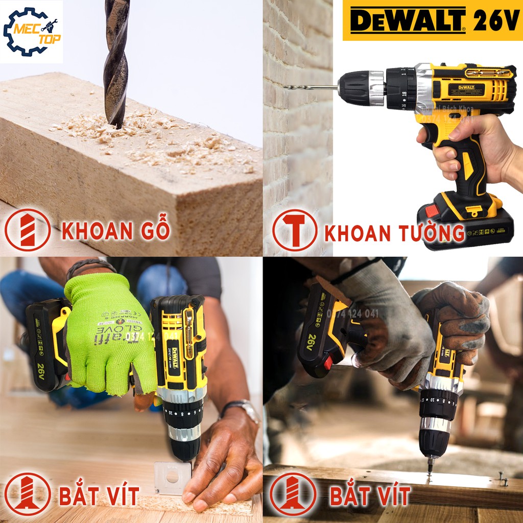 MÁY KHOAN PIN DEWALT 26V CÓ BÚA - KHOAN TƯỜNG,BẮT VÍT - LÕI ĐỒNG - 2 PIN 5 CELL