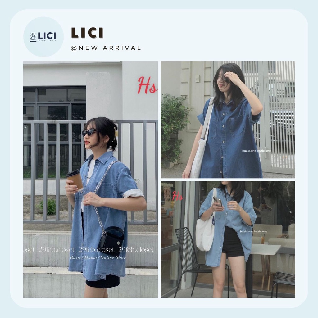 Áo sơ mi ngắn tay phối túi ngực chất jean dày dặn phong cách năng động LICI-001161