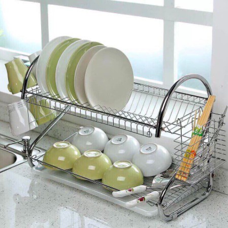 GIÁ ÚP BÁT ĐĨA INOX 2 TẦNG CÓ KHAY HỨNG NƯỚC HÀNG LOẠI 1