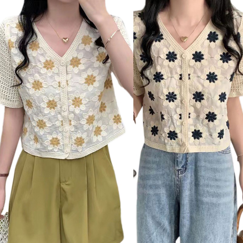 Áo Cardigan Dệt Kim Tay Ngắn Cổ Chữ V Cài Nút Họa Tiết Hoa Cúc Xinh Xắn Cho Nữ