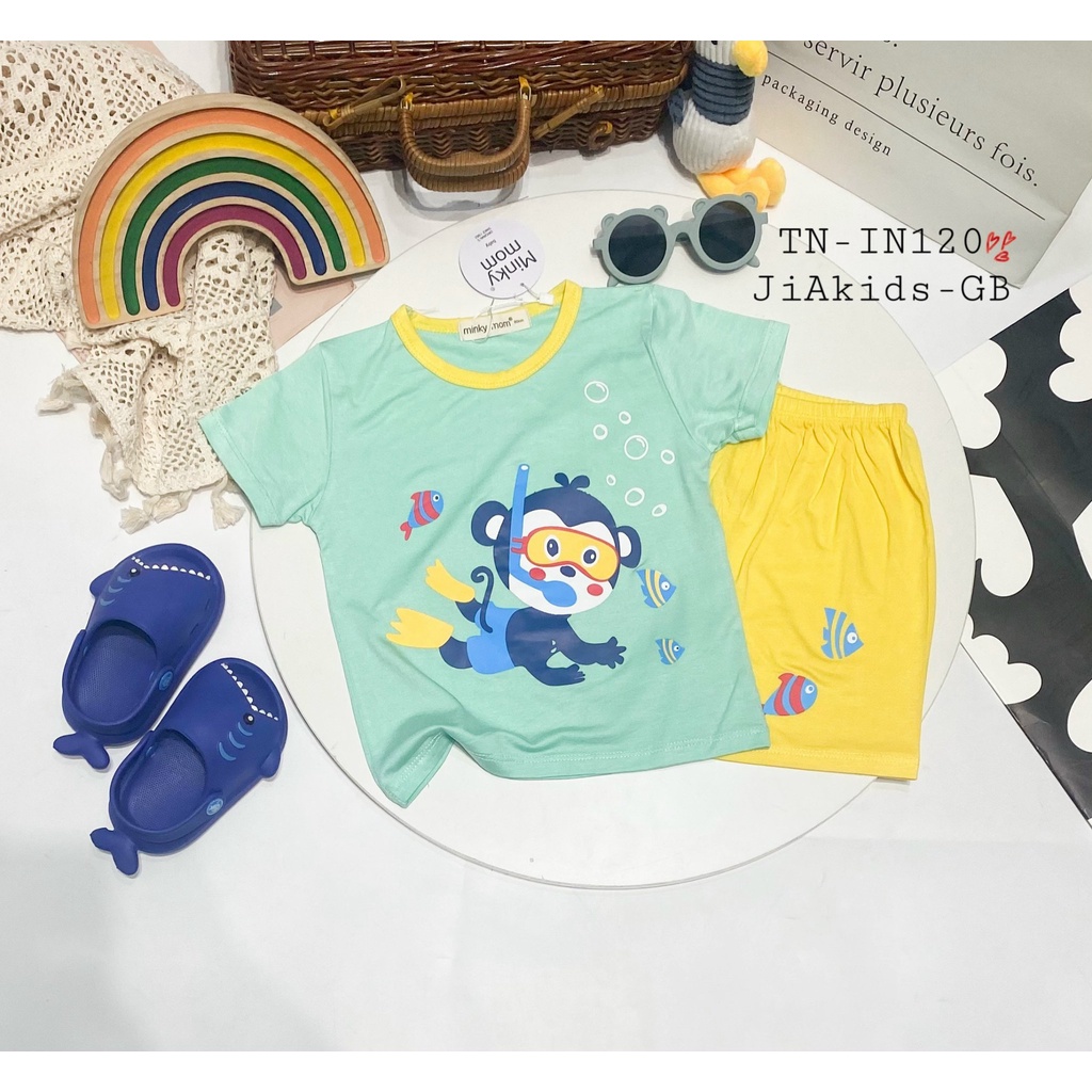 Bộ Ngắn Tay THUN LẠNH MINKY MOM In Hình Động Vật Phối Màu Áo Quần Cho Bé TN-IN120