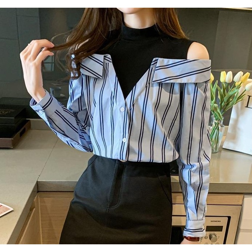 Áo Sơ Mi Vải Lụa Satin Giả Hai Lớp Họa Tiết Kẻ Sọc Màu Xanh Dương Thời Trang Cho Nữ