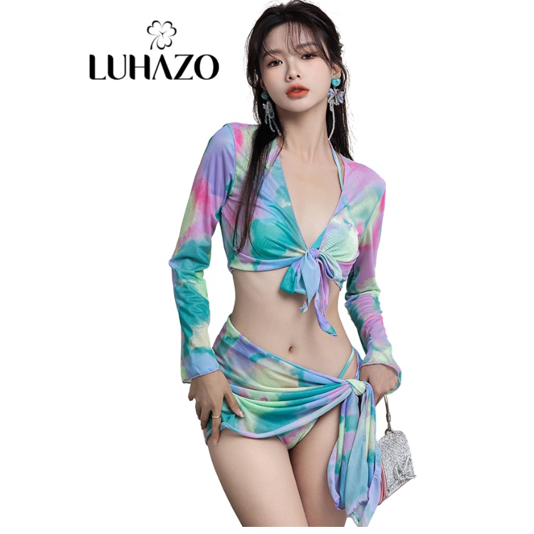 Bikini đi biển LUHAZO 3 mảnh bộ đồ bơi nữ sexy đẹp gợi cảm du lịch màu loang mẫu mới kiểu dáng Âu Mỹ  2022 MN38 DK7T105