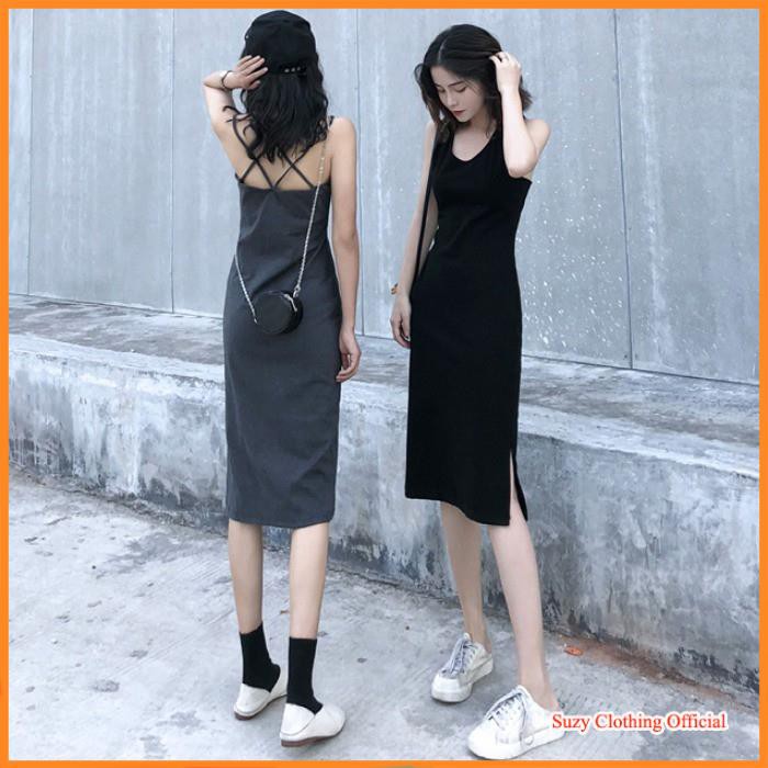 Váy Thun Cotton Cổ V Sát Nách Dáng Dài Ulzzang