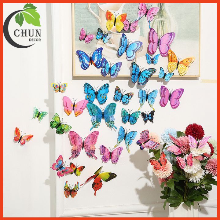 Bộ 12 decal dán tường hình bướm 3D cánh đơn, cánh kép đế nam châm trang trí cửa kính, tủ quàn áo, giỏ hoa, ảnh treo châm