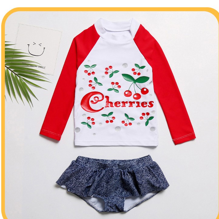 Bộ bơi dài tay bé gái họa tiết cherry đỏ siêu yêu DB04