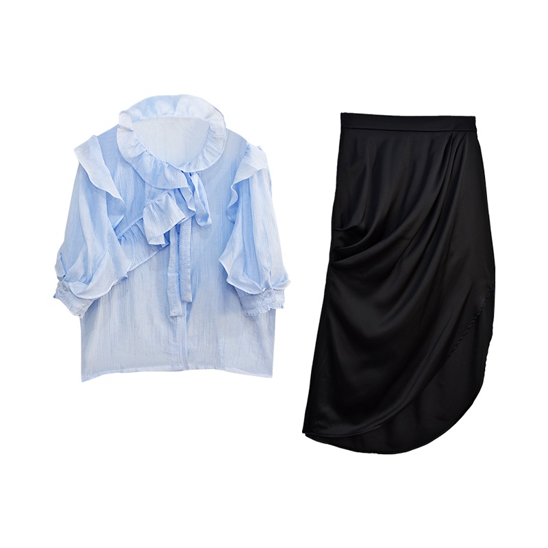 Jane Áo sơ mi công sở cách điệu hiện đại màu Blue trẻ trung - chân váy đen vạt chéo thời trang Hàn Quốc