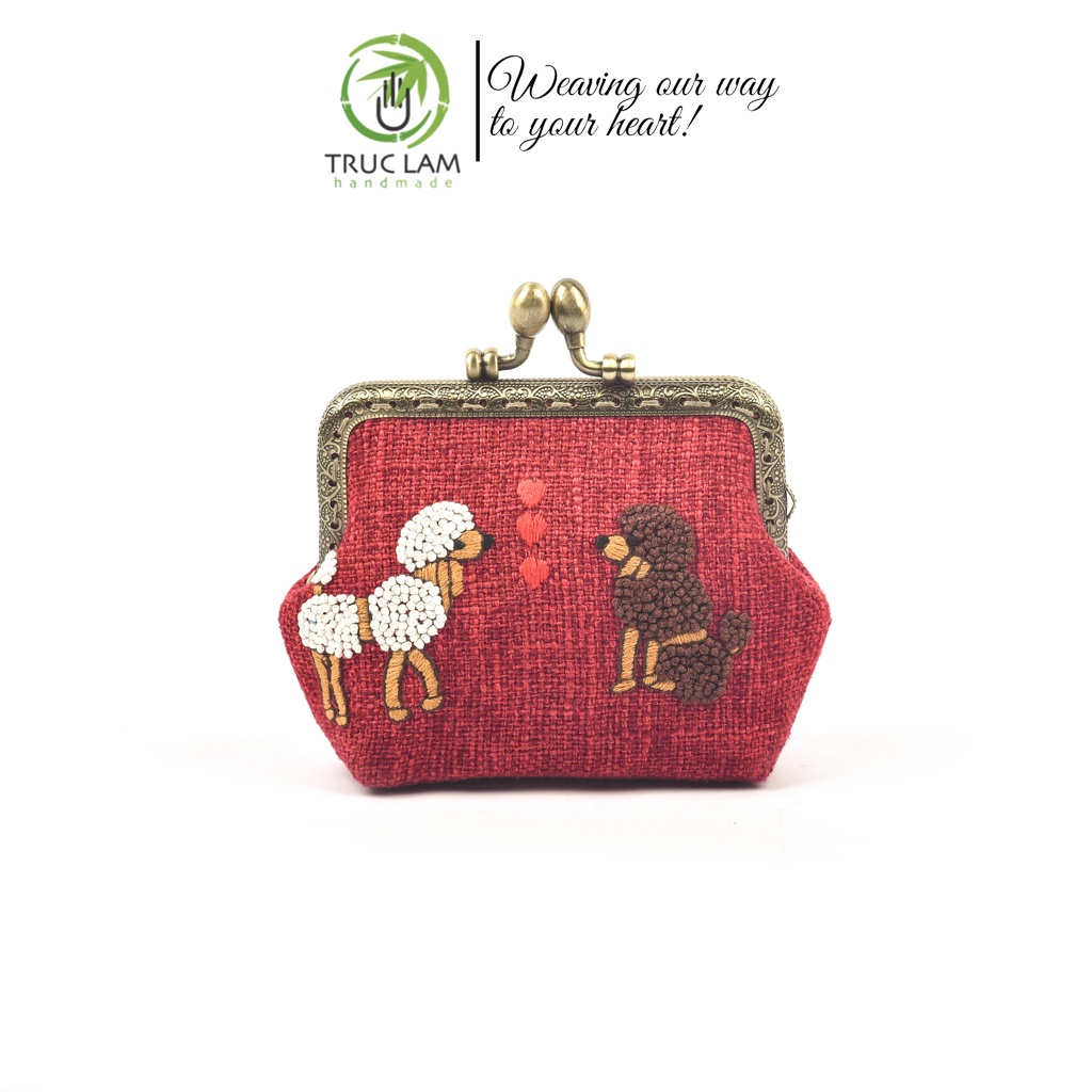 Ví Xu Cầm Tay Mini Khóa Nẹp Đồng Vải Gai Thêu Tay Họa Tiết Hai Chú Cún - Trúc Lâm Handmade