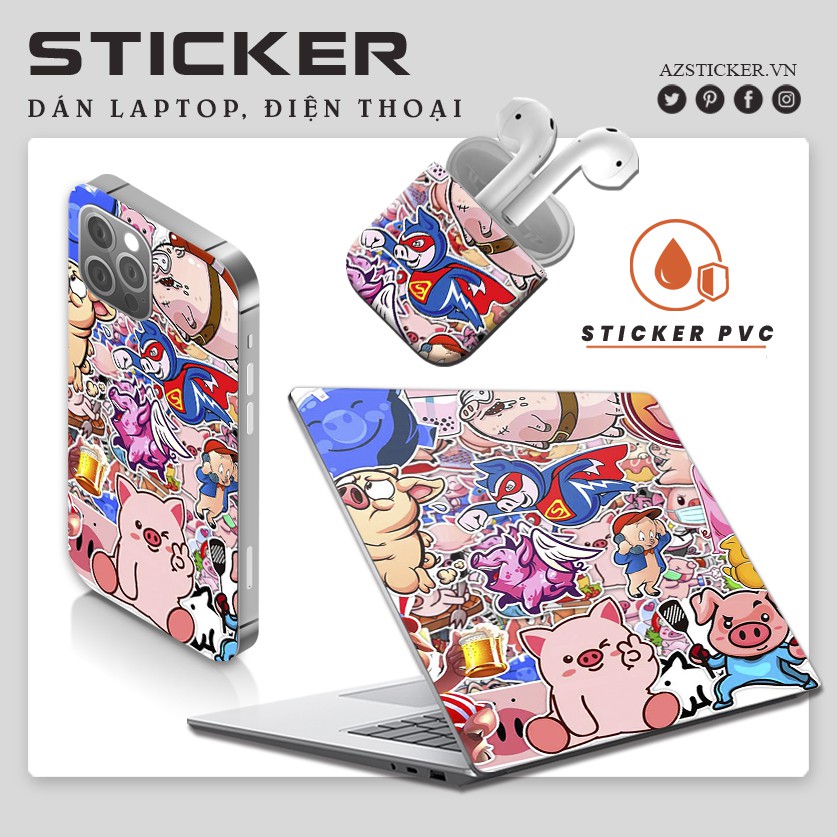 Sticker Con Lợn Chống Nước | Hình Dán Trang Trí Con Heo Cute Dán Mũ Bảo Hiểm Laptop Điện Thoại Bình Sữa Bình Nước Sổ