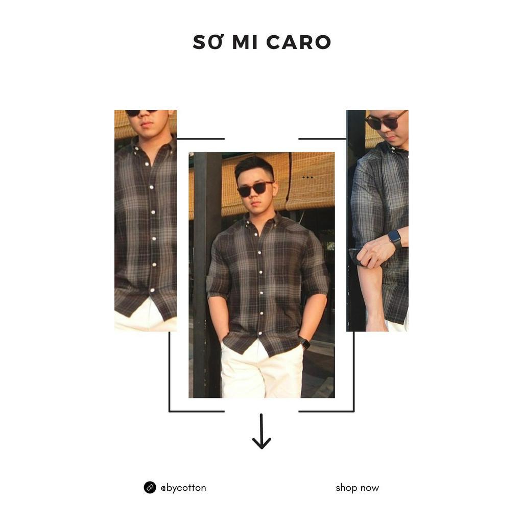 Áo Sơ Mi Nam Dài Tay Phối Sọc BY COTTON Caro Đen Xám 090223