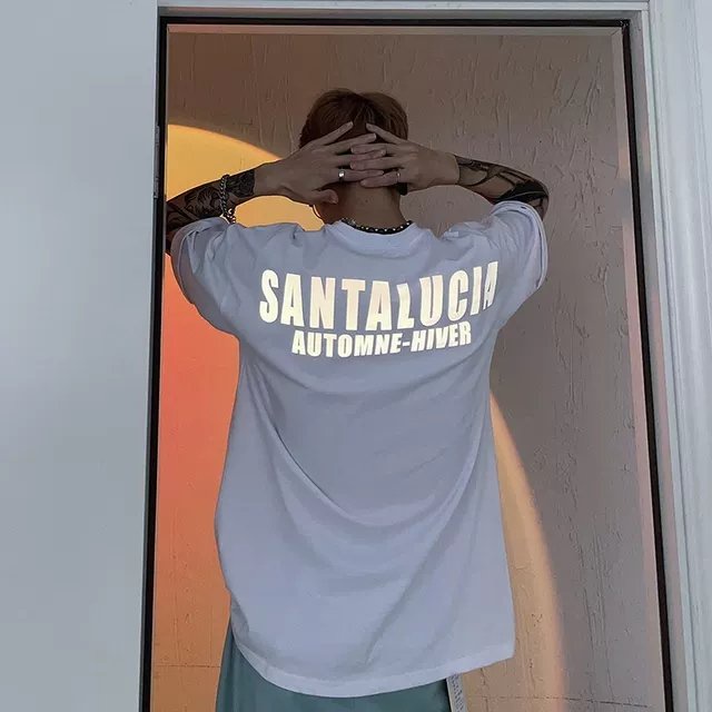 Áo thun unisex stee nam nữ form rộng tay lỡ chữ SANTALUCIA dạ quang