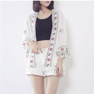 Áo kimono lửng thổ cẩm thêu