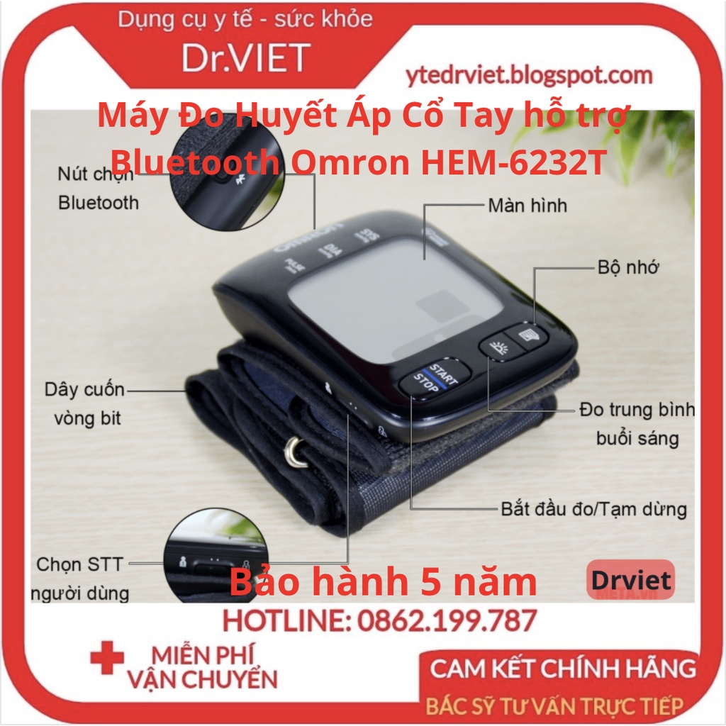 Máy Đo Huyết Áp Cổ Tay hỗ trợ Bluetooth Omron HEM-6232T - Báo huyết áp và nhịp tim chính xác,bảo hành 5 năm-Drviet