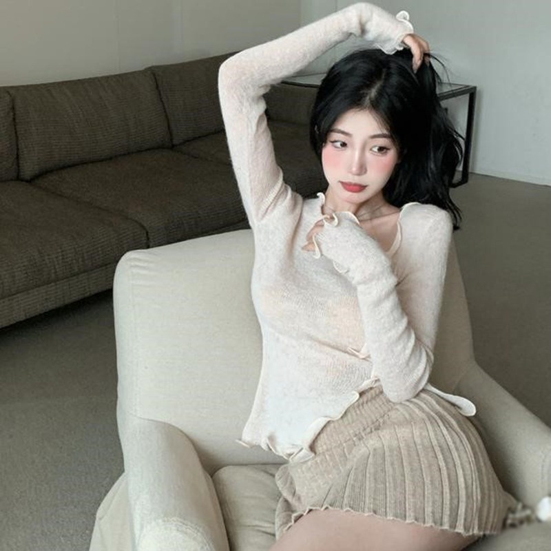 Áo dệt kim tay dài cổ chữ V quyến rũ dễ phối đồ dành cho nữ