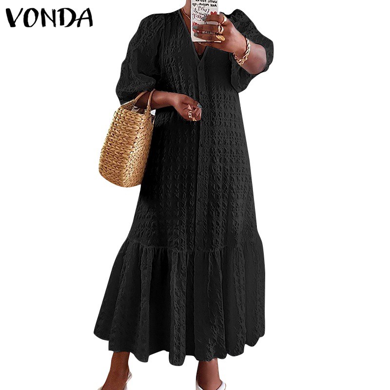 Đầm maxi VONDA màu trơn cổ v thiết kế xếp ly tay lửng có gài nút | BigBuy360 - bigbuy360.vn