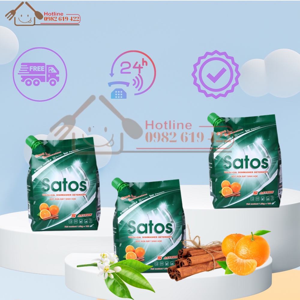 Bột rửa bát sinh học Satos - 1.5kg, Sạch cho bát, tốt cho sức khỏe. Dành cho các loại máy rửa bát