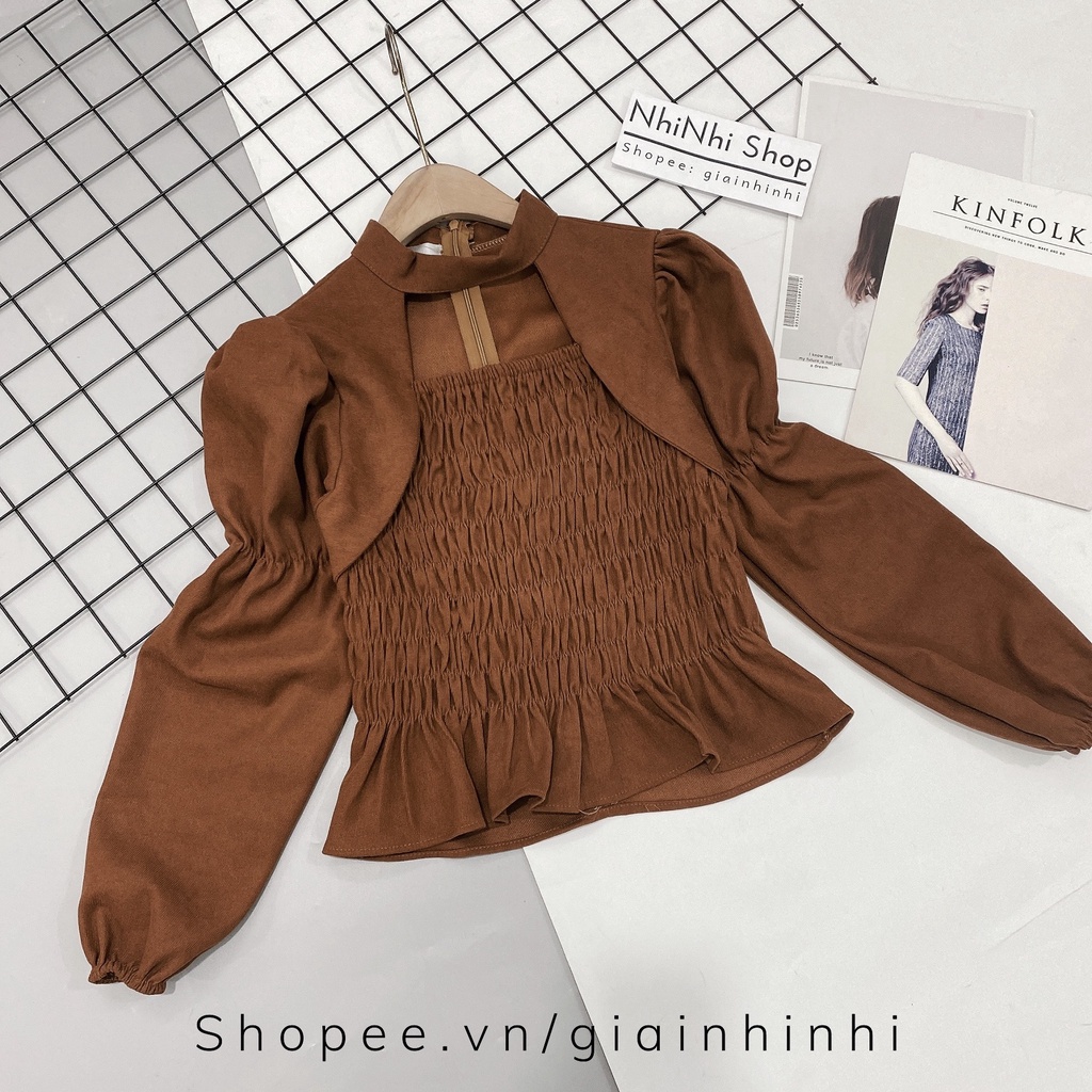 Áo kiểu tay bồng chun thân hở ngực, Áo chun eo dài tay cổ vuông AK1438 - NhiNhi Shop