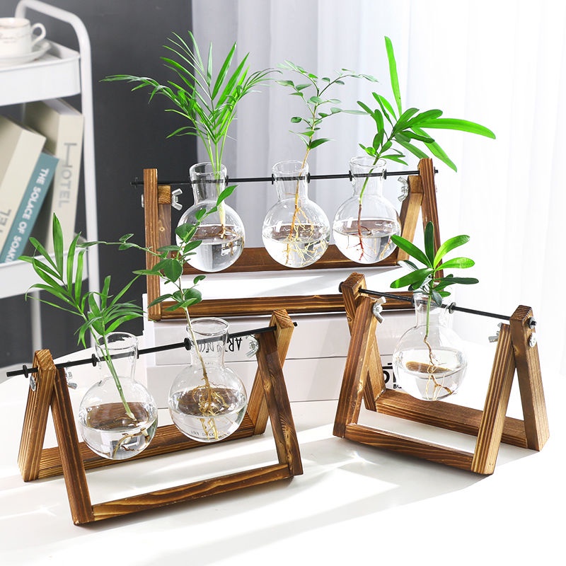 Bình Hoa Thủy Tinh Để Bàn Bằng Gỗ Sáng Tạo