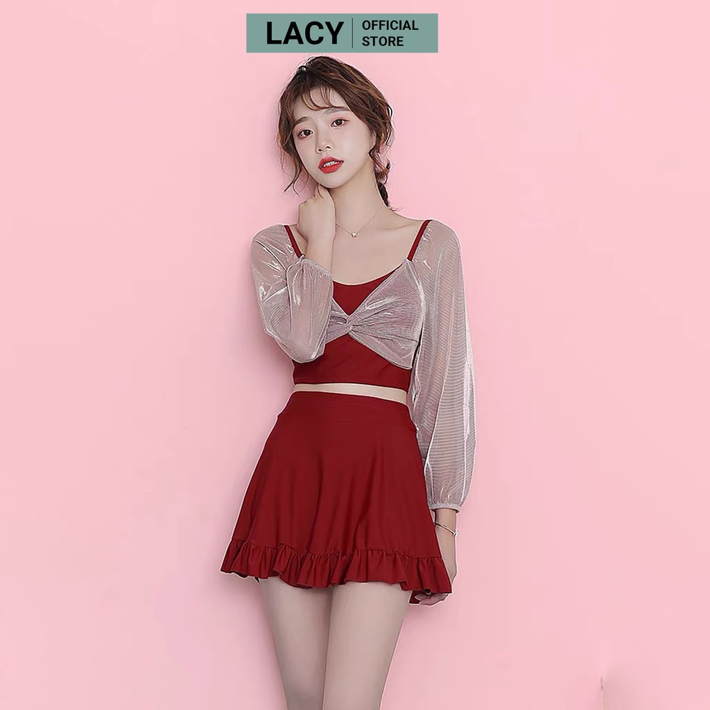 Bikini 2 mảnh đi biển kín đáo dài tay có đệm mút ngực váy cạp cao có kèm quần đùi kiểu Hàn Quốc B150 LACY