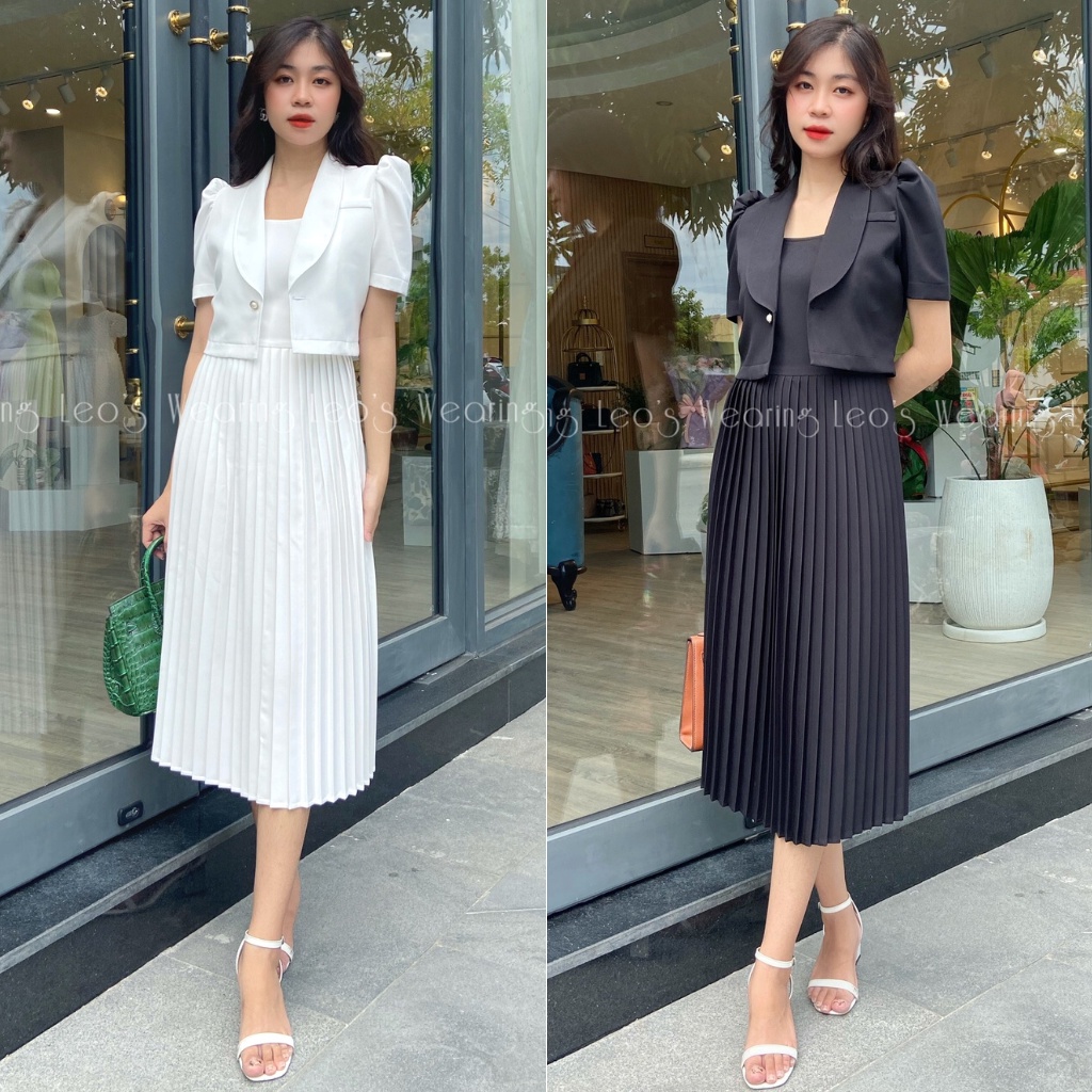 Váy 2 dây bản to xếp ly dáng midi mix áo khoác croptop tay ngắn công sở LEOSWEARING L602
