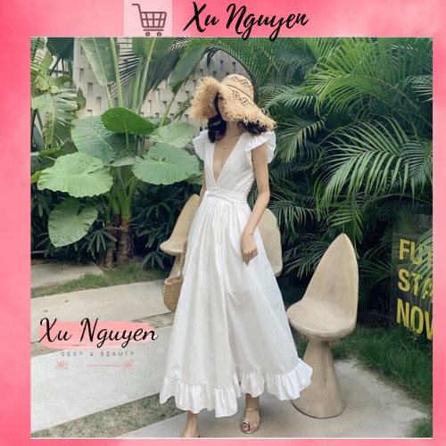 Đầm Maxi Vintage Tay Cánh Tiên ♥️ Váy Cổ V Hở Lưng Quyến Rũ ( kèm hình ảnh thật)