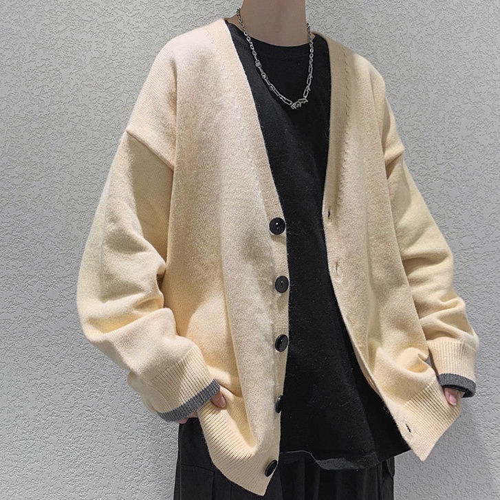 Áo khoác Cardigan dệt kim dáng rộng màu sắc đơn giản phong cách hồng kông cho nam
