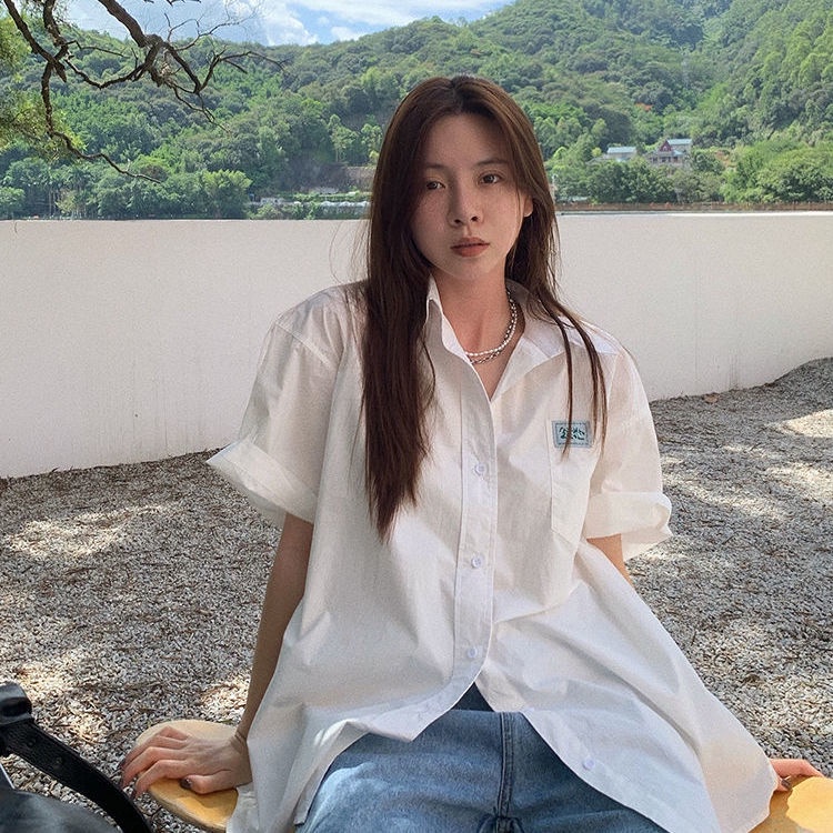 Áo sơ mi trắng tay ngắn dáng rộng phong cách Hàn Quốc dễ thương cho nữ