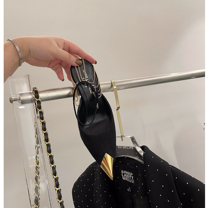 Giày Cao Gót 9Cm Vải Tuýt Phối Dây Xích