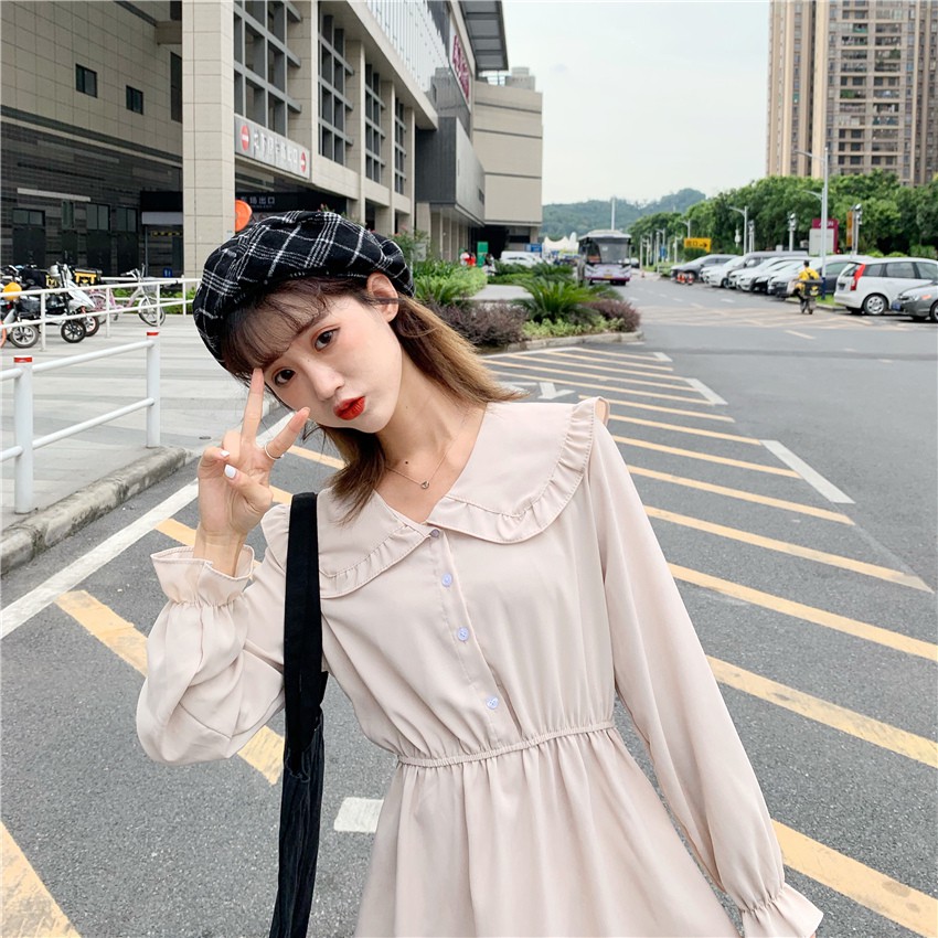 🌸Xả Có Hạn🌸Đầm Trắng Tay Dài Phối Cúc Xinh Xắn Theo Phong Cách Hàn Quốc