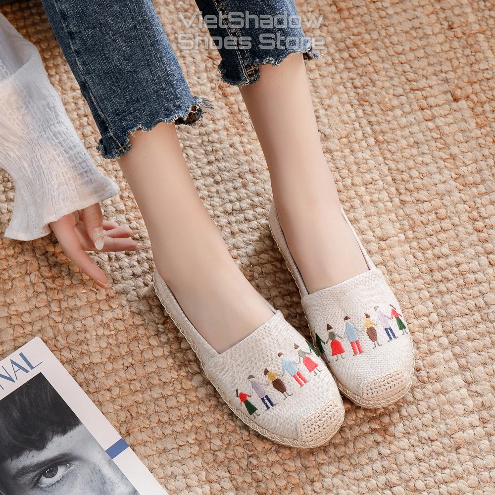 Slip on cói nữ - Giày lười vải thêu - Chất liệu vải bố sợi lanh 2 màu (be) và (xám) - Mã SP X-19