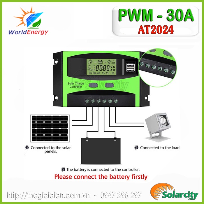 Bộ điều khiển sạc pin mặt trời PWM 30A LCD
